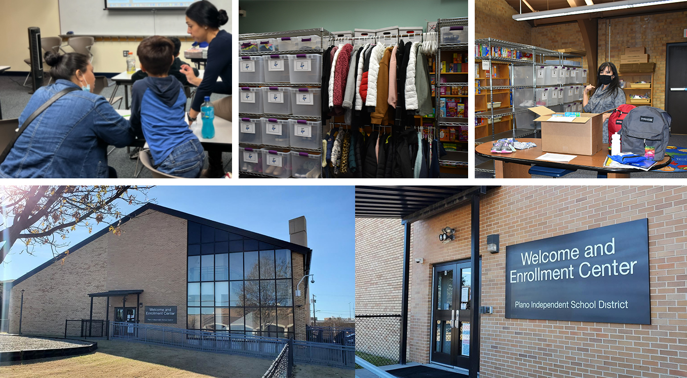 collage of Welcome Center images, 2 photos of the building, photo of parent and child, photo of clothing closet and school supplies/food